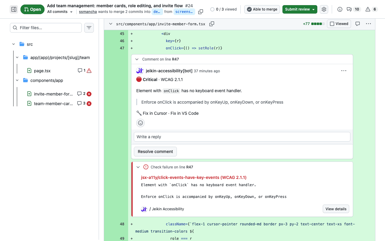 GitHub Files Changed tab showing Jeikin bot inline comments on specific code lines, with severity badges, WCAG criteria, explanations, and Fix in Cursor and Fix in VS Code links.