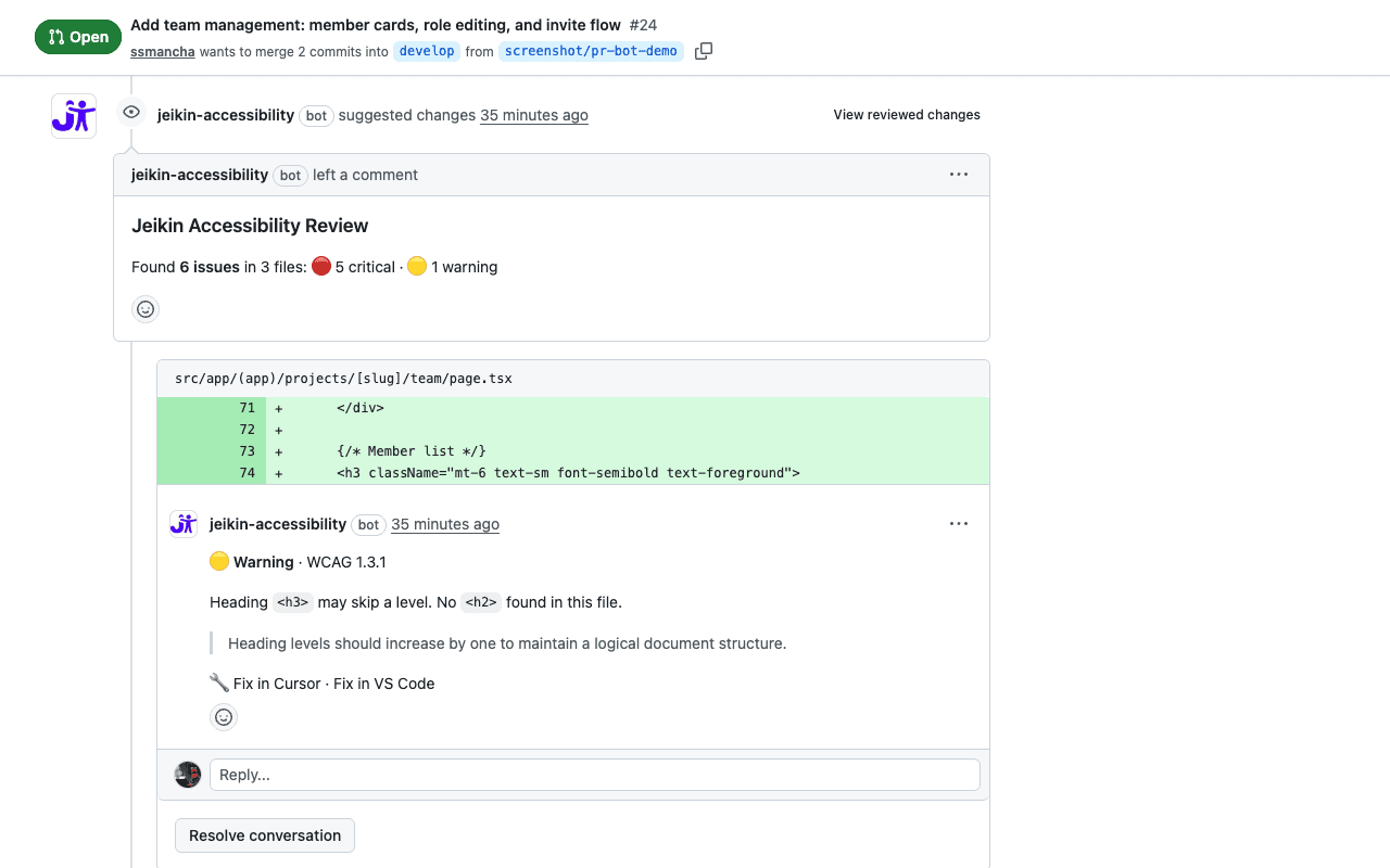 GitHub PR conversation showing Jeikin Accessibility Review summary: Found 6 issues in 3 files with 5 critical and 1 warning, plus an inline warning about heading level skip with WCAG 1.3.1 reference.