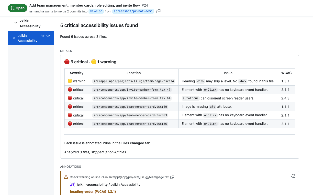 Jeikin Accessibility check run showing a violations table with 6 issues across 3 files, including severity levels, file locations, issue descriptions, and WCAG criteria references.